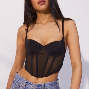 Forever 21 Black Sheer Mesh Corset Top – Boned Bustier w/ Zip (Estimated Medium)